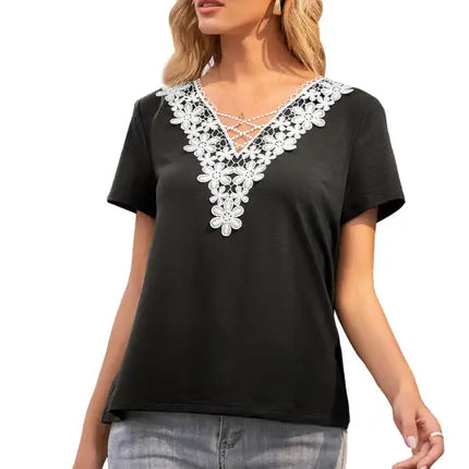 Women's Sexy Deep V Neck Cutout Lace Panel T-Shirt