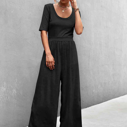 Scoop Neck Half Sleeve Wide Leg Jumpsuit