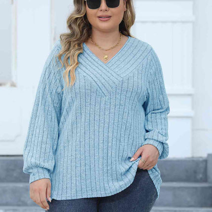 Plus Size Ribbed V-Neck Long Sleeve Top