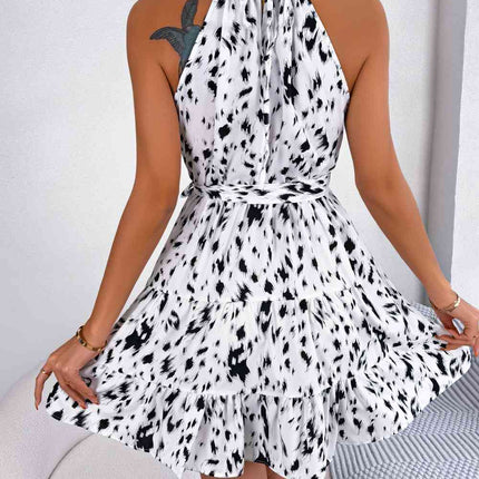 Halter Neck Printed Tie Waist Sleeveless Mini Dress - Vickie Lynn's