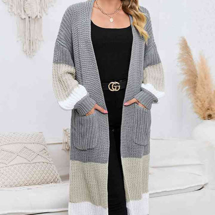 Color Block Long Sleeve Pocketed Cardigan