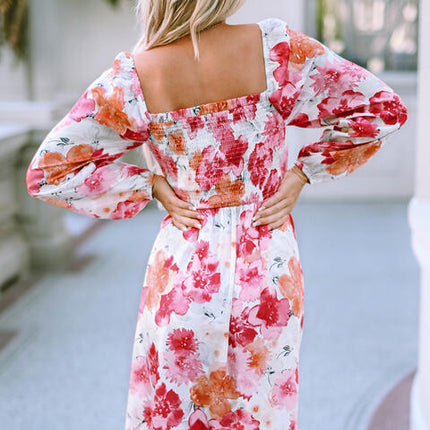 Floral Smocked Square Neck Long Sleeve Dress