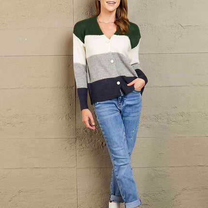 Woven Right Color Block V-Neck Button Down Cardigan