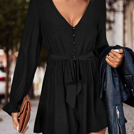 Long Flounce Sleeve V-Neck Romper