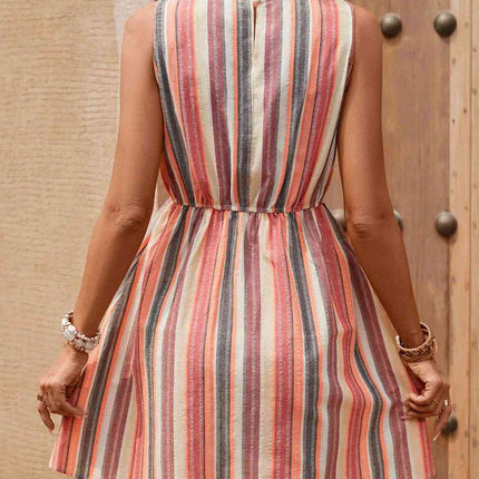 Striped Drawstring Round Neck Sleeveless Dress