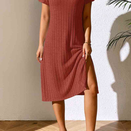 Ribbed Asymmetrical Neck Short Sleeve Dress