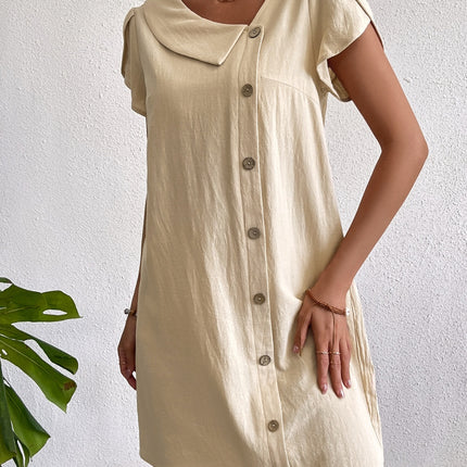 Decorative Button Asymmetrical Neck Short Sleeve Dress