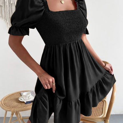 Smocked Square Neck Short Sleeve Dress