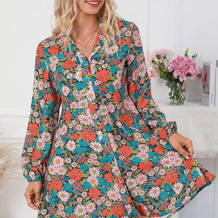 Floral Button Front Collared Neck Shirt Dress