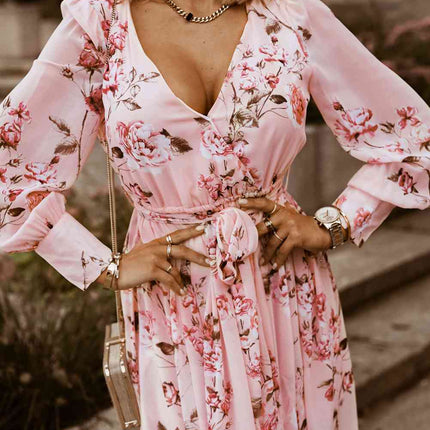 Floral Tie Belt Bishop Sleeve Slit Maxi Dress