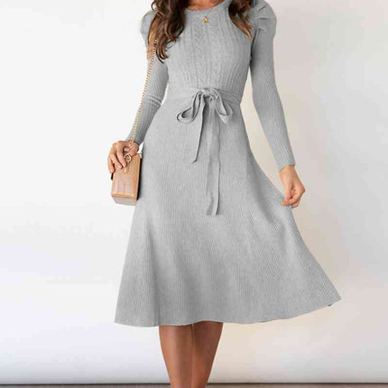 Round Neck Long Sleeve Tie Waist Sweater Dress