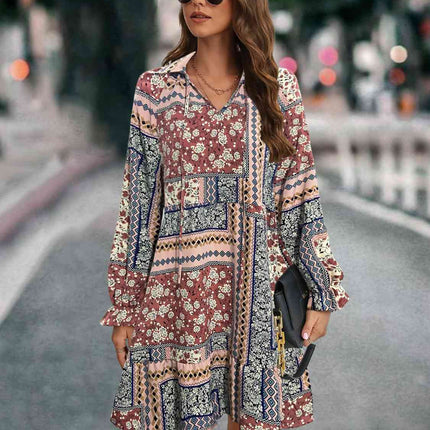 Printed Tie Front Flounce Sleeve Dress