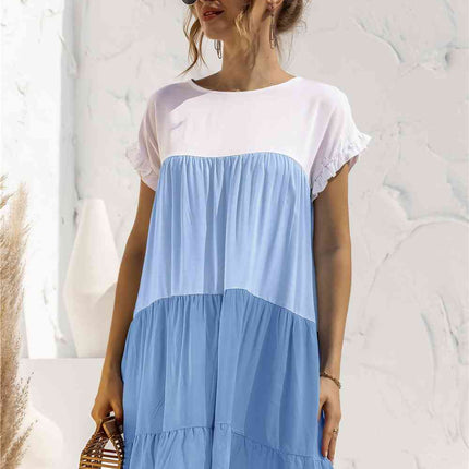 Color Block Round Neck Ruffle Hem Dress