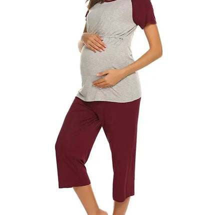 Women's short sleeve contrast button breast-feeding top adjustable Capri Pajama suit