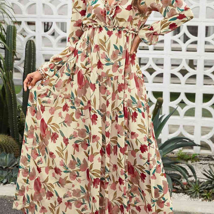 Floral Frill Trim Flounce Sleeve Plunge Maxi Dress - Vickie Lynn's