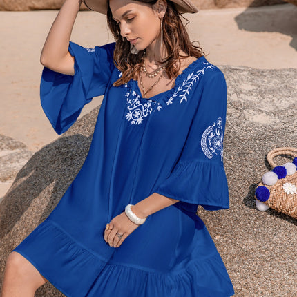 Printed Tie Neck Flounce Sleeve Mini Dress