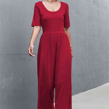 Scoop Neck Half Sleeve Wide Leg Jumpsuit