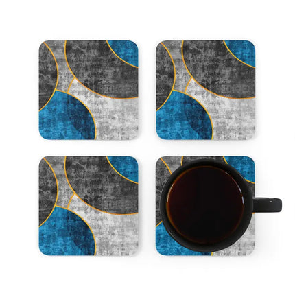Home Decor, Coaster Set - 4 piece Home/Office, Black Blue Grey Circular Geometric Pattern Print