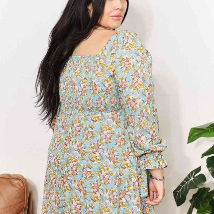Double Take Floral Smocked Flounce Sleeve Square Neck Dress
