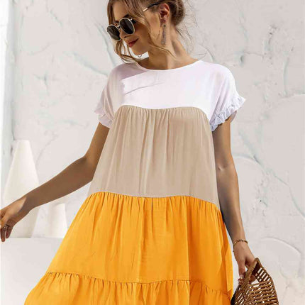 Color Block Round Neck Ruffle Hem Dress