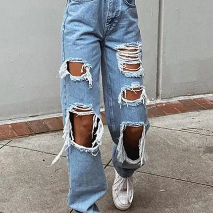 Pantalones vaqueros estilo lavado rasgados para mujer 