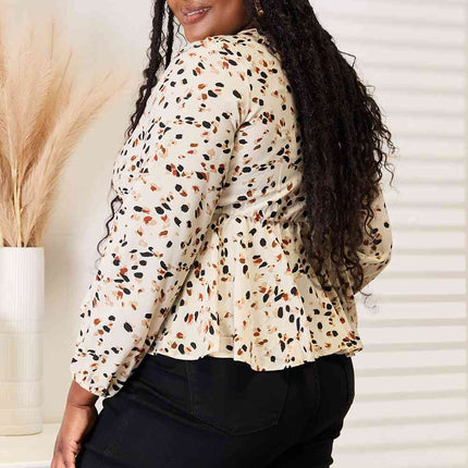 Double Take Printed Tied Plunge Peplum Blouse - Vickie Lynn's