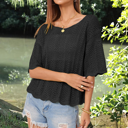 Openwork Round Neck Half Sleeve Knit Top