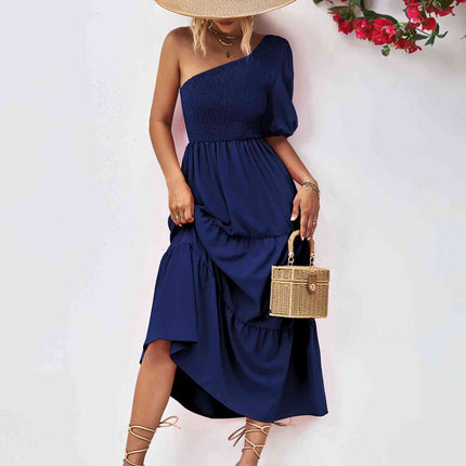 Smocked One-Shoulder Midi Dress