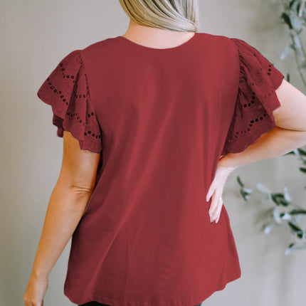 Plus Size Eyelet Round Neck Short Sleeve Blouse