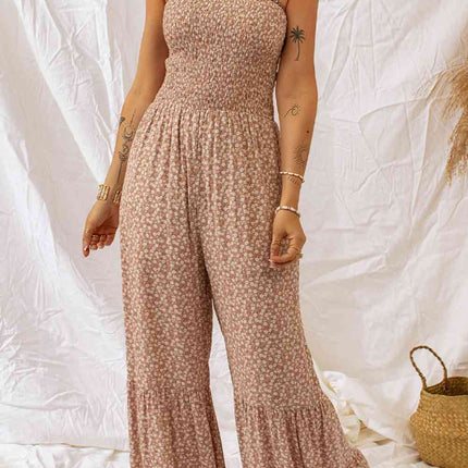 Floral Spaghetti Strap Smocked Wide Leg Jumpsuit - Vickie Lynn's