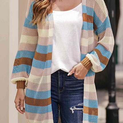 Full Size Striped Long Sleeve Openwork Cardigan