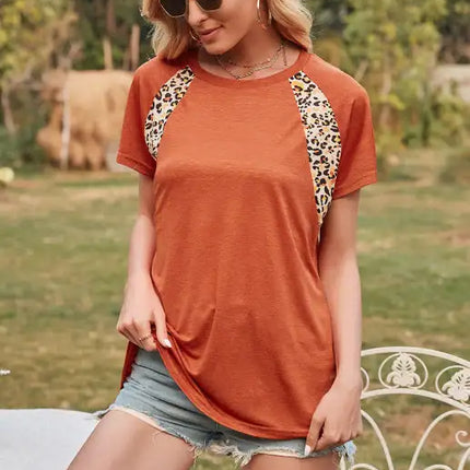 Women's Leopard Print Round Neck Raglan Short Sleeve T-Shirt