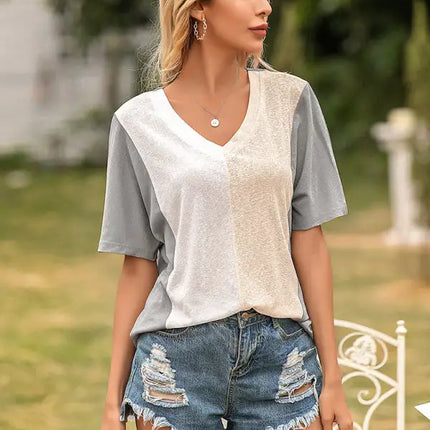 Camiseta holgada de manga corta con contraste y cuello en V para mujer 