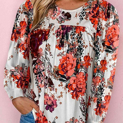 Floral Print Round Neck Long Sleeve Blouse