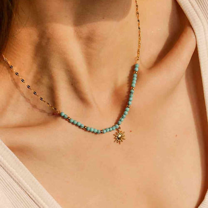 Turquoise Beaded 18K Gold-Plated Sun Shape Pendant Necklace