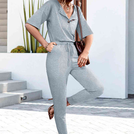 Buttoned Half Sleeve Round Neck Jumpsuit