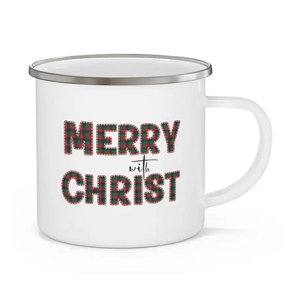 White Enamel Mug for School/Work/Travel - 12oz, Merry With Christ, Red And Green Plaid Christmas Holiday Pattern Print