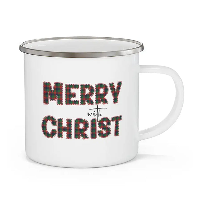 White Enamel Mug for School/Work/Travel - 12oz, Merry With Christ, Red And Green Plaid Christmas Holiday Pattern Print