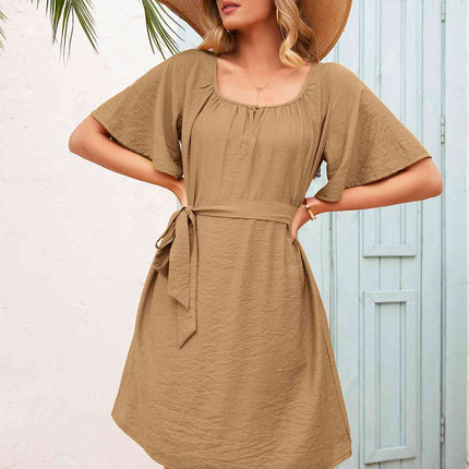 Tie Waist Flutter Sleeve Mini Dress