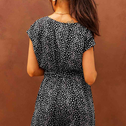 Printed Short Sleeve Romper with Belt - Vickie Lynn's