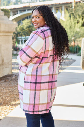Double Take Full Size Plaid Button Up Lapel Collar Coat - Vickie Lynn's