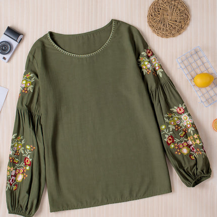 Embroidered Round Neck Balloon Sleeve T-Shirt