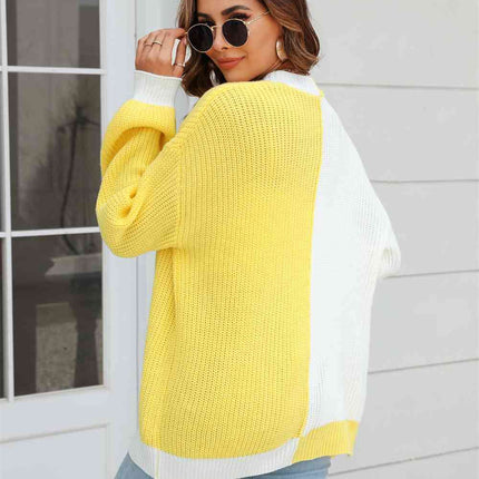 Open Front Contrast Color Balloon Sleeve Cardigan