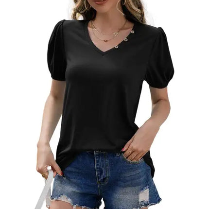 Women's Loose V-Neck Pullover Short Sleeve T-Shirt Solid Color Puff Sleeve Top
