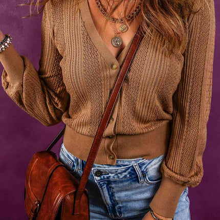 Button Up V-Neck Long Sleeve Cardigan