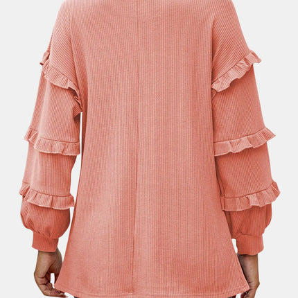 Ruffled V-Neck Long Sleeve T-Shirt