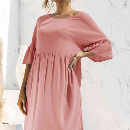 Boat Neck Flounce Sleeve Knee-Length Dress