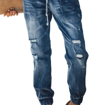 Women's Jeans With Ripped Drawstring Elastic Waist And Washed