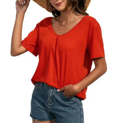 Camiseta casual de manga corta con cuello en V y encaje para mujer 