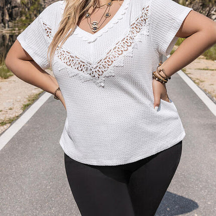 Plus Size Lace Detail V-Neck Short Sleeve Blouse